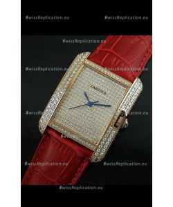 Cartier Tank Anglaise Ladies Replica Watch in Gold Case/Red Strap