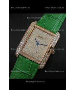 Cartier Tank Anglaise Ladies Replica Watch in Gold Case/Green Strap