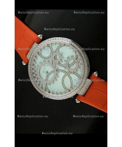 Cartier Replica Watch with Diamonds Embedded Dial Bezel in Steel Case/Orange Strap