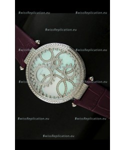 Cartier Replica Watch with Diamonds Embedded Dial Bezel in Steel Case/Maroon Strap