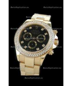 Rolex Daytona Swiss Replica Gold Watch in Full Diamond Bezel
