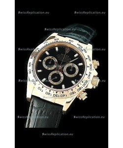 Rolex Daytona Cosmograph Swiss Replica Gold Watch in Black Leather Strap
