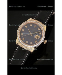 Rolex DateJust Swiss Mens Replica Yellow Gold Watch in Black Mother of Pearl Dial
