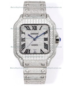 Cartier "Santos De Cartier" Stainless Steel W/ Diamonds Roman Dial 1:1 Mirror Replica - 40MM - Genuine Diamonds