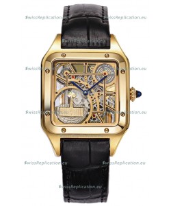 Cartier Santos Dumont Skeleton Yellow Gold Watch in Black Leather Strap 43.5MM