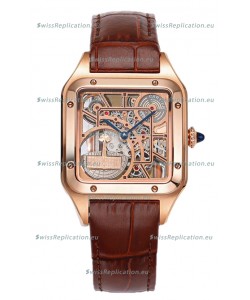 Cartier Santos Dumont Skeleton Rose Gold Watch in Brown Leather Strap 43.5MM