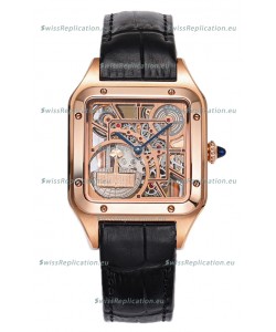 Cartier Santos Dumont Skeleton Rose Gold Watch in Black Leather Strap 43.5MM