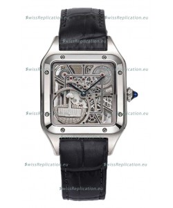 Cartier Santos Dumont Skeleton Stainless Steel Watch in Black Leather Strap 43.5MM