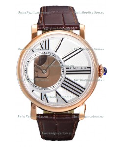 Rotonde De Cartier in Rose Gold Casing - Leather Strap Swiss Quartz Replica Watch 