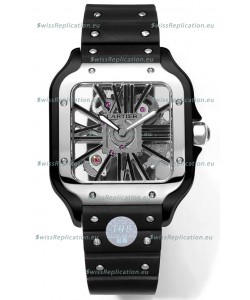 Santos De Cartier Watch in Skeleton Dial - DLC Coated Casing & Steel Strap in Rubber Strap