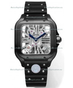 Santos De Cartier Watch in Skeleton Dial - DLC Coated Casing in Rubber Strap