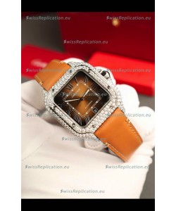 Santos De Cartier Watch in Brown Dial 39.50MM MOSSANITES Paved Bezel Swiss Replica Watch