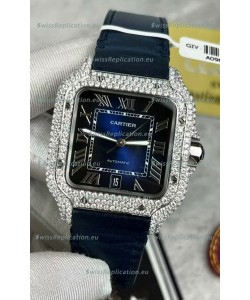 Santos De Cartier Watch in Blue Dial 39.50MM MOSSANITES Paved Bezel Swiss Replica Watch
