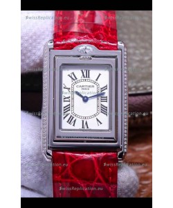 Cartier Tank Reversible Swiss Quartz Replica Watch in Steel Casing - Red Strap