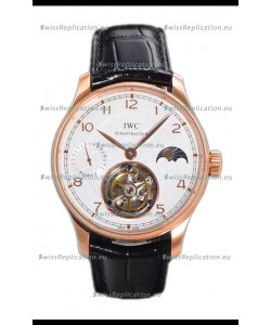 IWC Portugese Hand-Wound Genuine Tourbillon White Dial Rose Gold Casing Swiss Replica Watch 
