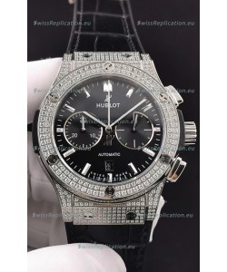 Hublot Classic Fusion Chronograph Steel Diamonds Casing Black Dial 1:1 Mirror Replica Watch 