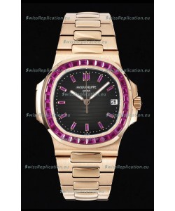Patek Philippe Nautilus 5711 Black Dial 1:1 Mirror Replica in Rose Gold 904L Steel with Rubies Bezel