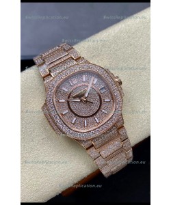 Patek Philippe Nautilus 7010 Diamonds Paved Rose Gold 32MM 1:1 Mirror Replica - Genuine Diamonds