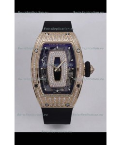 Richard Mille Super Clone RM07-01 Diamonds Paved 904L Rose Gold Casing Automatic Replica Watch