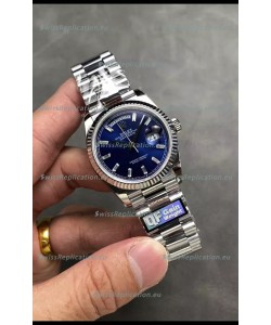 Rolex Day Date Super Clone Stainless Steel Blue Dial Crystal Numerals Watch 36MM - 1:1 Mirror Quality