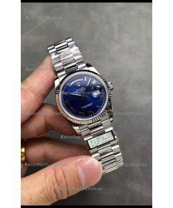 Rolex Day Date Super Clone Stainless Steel Blue Dial Small Roman Numerals Watch 36MM - 1:1 Mirror Quality