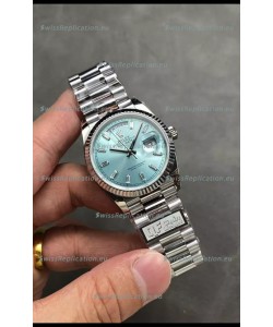 Rolex Day Date Super Clone Stainless Steel Ice Blue Dial Crystal Numerals Watch 36MM - 1:1 Mirror Quality