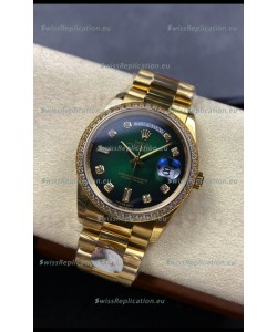 Rolex Day Date Super Clone Yellow Gold Green Dial Diamonds Numerals Watch 36MM - 1:1 Mirror Quality