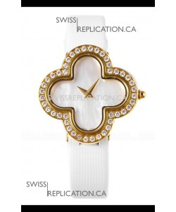 Van Cleef & Arpels Alhambra Yellow Gold Diamonds Bezel Pearl Dial Watch 
