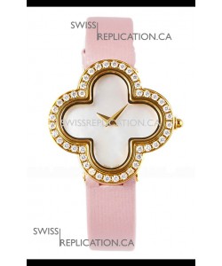 Van Cleef & Arpels Alhambra Yellow Gold Diamonds Bezel Pink Strap Watch 