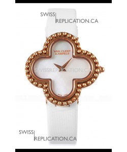 Van Cleef & Arpels Alhambra Rose Gold White Strap Watch 