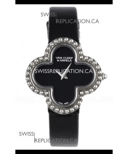 Van Cleef & Arpels Alhambra Stainless Steel Black Strap Watch 