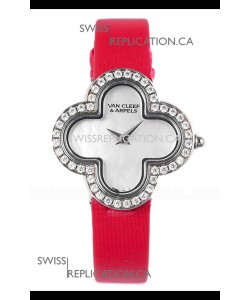 Van Cleef & Arpels Alhambra Stainless Steel Diamonds Bezel Red Strap Watch 