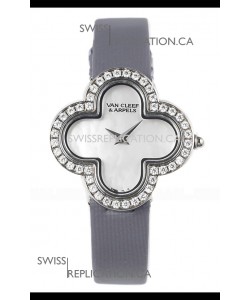 Van Cleef & Arpels Alhambra Stainless Steel Diamonds Bezel Grey Strap Watch 