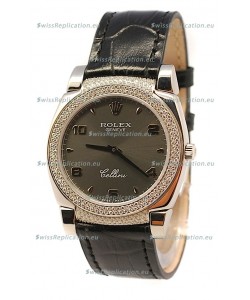 Rolex Cellini Cestello Ladies Swiss Watch in Matte Black Face Diamonds Bezel and Lugs