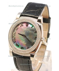 Rolex Cellini Cestello Ladies Swiss Watch in Black Pearl Face Diamonds Bezel and Lugs