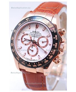 Rolex Daytona MonoBloc Cerachrom Bezel Swiss Replica Rose Gold Plated Watch in Brown Strap