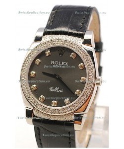 Rolex Cellini Cestello Ladies Swiss Watch in Matte Black Face and Diamond Bezel