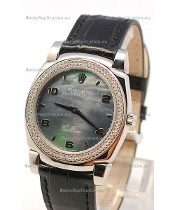 Rolex Cellini Cestello Ladies Swiss Watch in Black Pearl Face Diamonds Bezel 