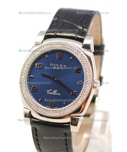 Rolex Cellini Cestello Ladies Swiss Watch in Dark Blue Face Diamonds Bezel 